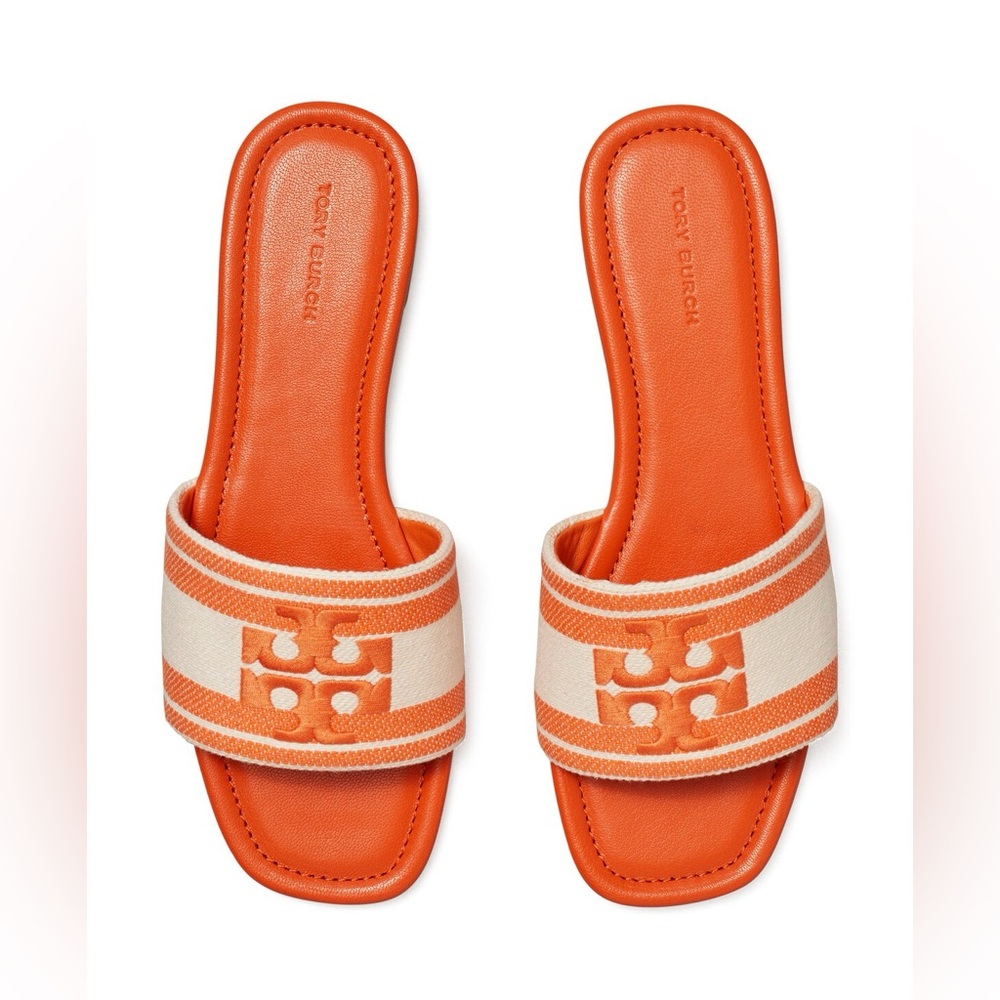 New Tory Burch Double T Jacquard Slide in Carrot/Ash, Size 9.5
